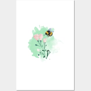 Beautiful Watercolor Bumble Bee and Flowers Posters and Art